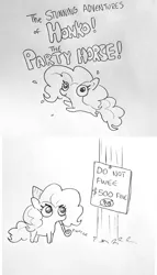 Size: 1397x2447 | Tagged: safe, artist:tjpones, derpibooru import, pinkie pie, earth pony, pony, angry, black and white, breaking the law, comic, confetti, cute, female, fuck the police, grayscale, hat, honko! the party horse!, lineart, madorable, mare, monochrome, onomatopoeia, party hat, party horn, party whistle, ponk, simple background, solo, traditional art