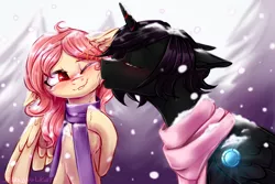 Size: 3000x2000 | Tagged: safe, artist:sparkling_light, derpibooru import, oc, oc:enderdan t'dark, oc:selya t'dark, unofficial characters only, alicorn, pegasus, pony, alicorn oc, blushing, chest fluff, clothes, commission, endelya, eyes closed, female, floppy ears, horn, licking, male, mare, one eye closed, scarf, snow, snowfall, stallion, straight, tongue out, wings, ych result