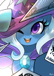 Size: 1441x2000 | Tagged: safe, artist:renokim, derpibooru import, trixie, pony, unicorn, cape, clothes, cute, diatrixes, female, hat, mare, one eye closed, open mouth, playing card, signature, trixie's cape, trixie's hat, wink