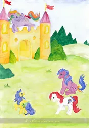 Size: 900x1295 | Tagged: artist:z1ar0, bow, bubbles (g1), buttons (g1), castle, cherry treats, derpibooru import, flying, g1, golden castle, safe, tail bow, tickle (g1), traditional art, watercolor painting