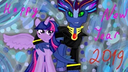 Size: 3000x1700 | Tagged: safe, artist:katya, derpibooru import, twilight sparkle, twilight sparkle (alicorn), oc, oc:vain, alicorn, dragon, hybrid, longma, pony, g5, prince, spoiler