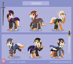 Size: 5400x4751 | Tagged: safe, artist:raspberrystudios, derpibooru import, oc, oc:foxtor volpes, unofficial characters only, earth pony, fox, fox pony, hybrid, pony, absurd resolution, armor, assassin's creed, clothes, coat, commission, gun, handgun, hood, male, multicolored tail, pistol, reference sheet, robes, stallion, sword, ubisoft, weapon