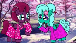 Size: 1920x1080 | Tagged: safe, artist:徐詩珮, derpibooru import, fizzlepop berrytwist, glitter drops, tempest shadow, alicorn, pony, alicornified, cherry blossoms, clothes, duo, female, flower, flower blossom, flower in hair, glittercorn, glittershadow, japan, japanese, kimono (clothing), lesbian, mare, race swap, shipping, tempesticorn