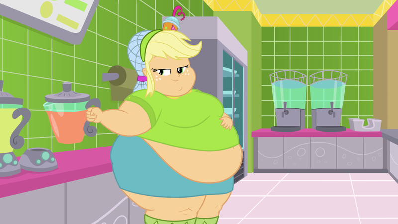 Size: 1280x720 | Tagged: suggestive, artist:neongothic, derpibooru import, edit, edited screencap, screencap, applejack, eqg summertime shorts, equestria girls, shake things up!, amplejack, applefat, bbw, belly, belly button, big belly, blender (object), breasts, fat, fat boobs, female, hair net, morbidly obese, obese, smoothie, solo, ssbbw, story included, thighs, thunder thighs, weight gain, wide hips