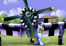 Size: 800x566 | Tagged: safe, artist:archonix, derpibooru import, soarin', pegasus, pony, aviator goggles, aviator hat, bipedal, bipedal leaning, bomber jacket, clothes, crossed hooves, goggles, hangar, hat, jacket, leaning, p-47, p-47 thunderbolt, plane, scarf, signature, smiling, solo