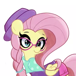 Size: 1300x1300 | Tagged: safe, artist:turtlefarminguy, derpibooru import, fluttershy, pegasus, pony, fake it 'til you make it, alternate hairstyle, braid, clothes, cute, glasses, hat, hipstershy, scarf, shyabetes, simple background, solo, white background