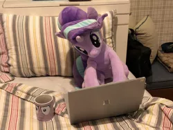 Size: 1024x768 | Tagged: safe, artist:nekokevin, derpibooru import, starlight glimmer, pony, unicorn, series:nekokevin's glimmy, :i, bed, bedsheets, computer, female, i mean i see, irl, laptop computer, mare, mug, photo, pillow, plushie, sitting, solo