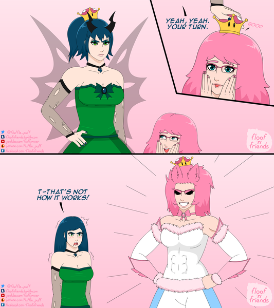 Size: 1920x2160 | Tagged: safe, artist:fluffle puff, artist:mixermike622, derpibooru import, queen chrysalis, oc, oc:chrystina, oc:fluffle puff, human, comic:floof'n'friends, all might, breasts, busty queen chrysalis, cleavage, female, humanized, meme, my hero academia, reference, reversalis, super crown