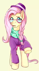 Size: 1020x1855 | Tagged: safe, artist:leclecarchie, derpibooru import, fluttershy, pegasus, pony, fake it 'til you make it, alternate hairstyle, braid, clothes, glasses, hipstershy, scarf, simple background, solo, yellow background