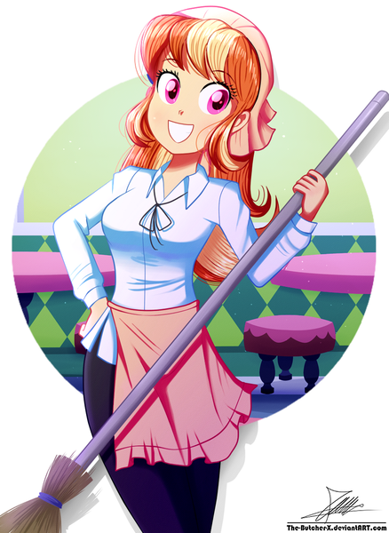 Size: 920x1260 | Tagged: safe, artist:the-butch-x, derpibooru import, oc, oc:mandarine mélange, equestria girls, birthday gift, broom, equestria girls-ified, female, smiling, solo, stool, table, waitress