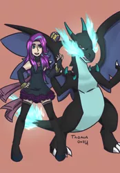 Size: 1136x1630 | Tagged: artist:fatamorganaedic, crossover, derpibooru import, human, humanized, light skin, mega charizard x, pokéball, pokémon, pokémon trainer, safe, starlight glimmer