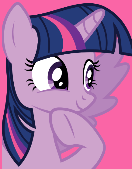Size: 434x554 | Tagged: safe, derpibooru import, official, twilight sparkle, twilight sparkle (alicorn), alicorn, pony, female, mare, pink background, raised hoof, simple background, smiling, solo