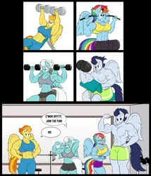 Size: 3440x4018 | Tagged: abs, anthro, armpits, artist:matchstickman, biceps, big breasts, breasts, busty fleetfoot, busty rainbow dash, busty spitfire, cleavage, clothes, deltoids, derpibooru import, dumbbell (object), fitfire, fleetflex, fleetfoot, flexing, gym, midriff, muscles, partial nudity, pecs, rainbow dash, rainbuff dash, safe, shorts, size difference, soarin', soaripped, spitfire, sports bra, sports shorts, topless, weight lifting, wonderbolts