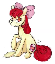 Size: 2400x2800 | Tagged: safe, artist:eeviart, derpibooru import, apple bloom, earth pony, pony, adorabloom, apple bloom's bow, bow, cute, female, filly, freckles, hair bow, no pupils, simple background, sitting, solo, traditional art, white background