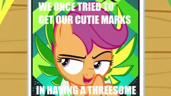 Size: 1280x720 | Tagged: caption, derpibooru import, edit, edited screencap, female, filly, image macro, impact font, implied cutie mark crusaders, implied group sex, implied sex, implied threesome, poster, raised eyebrow, scootaloo, screencap, solo, solo female, suggestive, text, the washouts (episode)