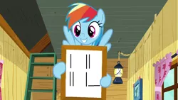 Size: 1280x720 | Tagged: safe, derpibooru import, edit, edited screencap, editor:nightshadowmlp, screencap, rainbow dash, pegasus, pony, the washouts (episode), clubhouse, crusaders clubhouse, curtain, female, flying, ladder, lantern, loss (meme), loss edit, mare, picture, rainbow dash's poster, window