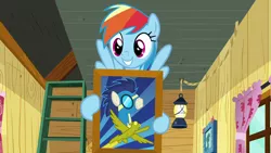 Size: 1280x720 | Tagged: clubhouse, crusaders clubhouse, derpibooru import, edit, edited screencap, ladder, lantern, rainbow dash, rainbow dash's poster, safe, screencap, soarin', the washouts (episode), window