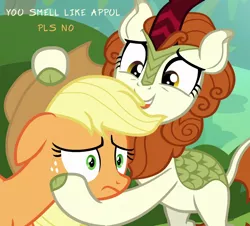 Size: 954x864 | Tagged: safe, derpibooru import, edit, edited screencap, screencap, applejack, autumn blaze, earth pony, kirin, pony, sounds of silence, applejack's hat, appul, bad touch, cloven hooves, cowboy hat, duo, female, floppy ears, hat, mare, personal space invasion, pls, pls no, text, text edit