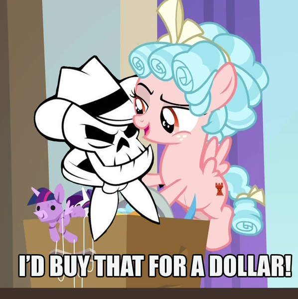 Size: 1076x1080 | Tagged: safe, derpibooru import, edit, edited screencap, screencap, cozy glow, pegasus, pony, school raze, caption, female, filly, i'd buy that for a dollar, image macro, photoshop, robocop, skull, text, the ghost show, the man they call ghost, true capitalist radio