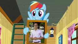 Size: 800x450 | Tagged: safe, derpibooru import, edit, edited screencap, screencap, rainbow dash, pony, the washouts (episode), clubhouse, crusaders clubhouse, exploitable meme, female, ladder, lantern, lucky luciano, mare, meme, rainbow dash's poster, smiling, window, you know i had to do it to em