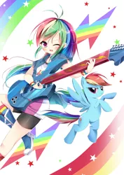 Size: 992x1403 | Tagged: safe, artist:スピカ, derpibooru import, rainbow dash, human, pegasus, pony, equestria girls, anime, blushing, boots, clothes, compression shorts, cute, dashabetes, female, guitar, human coloration, humanized, looking at you, mare, moe, musical instrument, one eye closed, open mouth, self ponidox, shoes, shorts, skirt, smiling, socks, wink