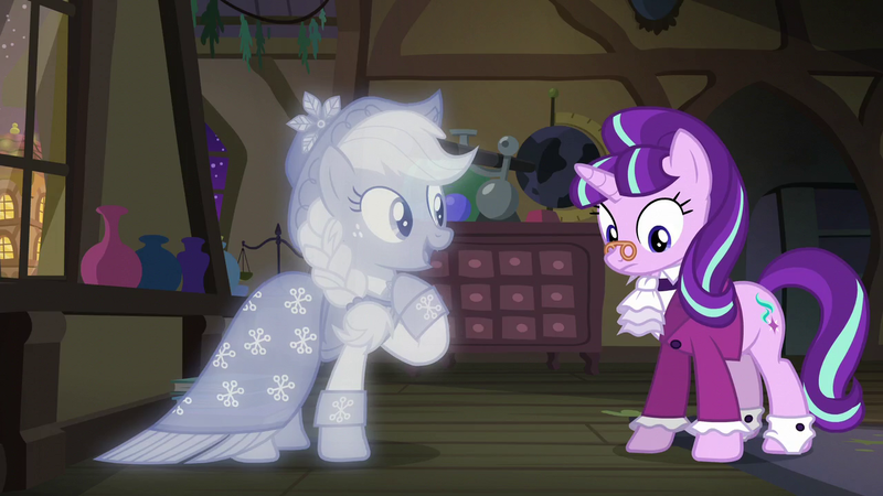 Size: 1280x720 | Tagged: safe, derpibooru import, screencap, applejack, snowfall frost, spirit of hearth's warming past, starlight glimmer, earth pony, pony, unicorn, a hearth's warming tail, female, freckles, mare, raised hoof, smiling, window
