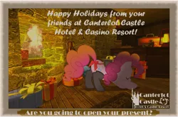 Size: 1590x1050 | Tagged: suggestive, artist:bongo, derpibooru import, pinkie pie, 3d, bow, butt, canterlot castle hotel & casino resort, christmas, clothes, fireplace, gmod, holiday, letter, plot, postcard, present, presenting, stockings, tail bow, thigh highs