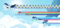 Size: 5698x2735 | Tagged: safe, artist:velveagicsentryyt, derpibooru import, rainbow dash, soarin', oc, oc:prisdale, oc:rainbow blitzes, pegasus, pony, female, flight trail, flying, foal, male, mare, offspring, parent:rainbow dash, parent:soarin', parents:soarindash, rainbow trail, shipping, soarindash, speed trail, stallion, straight