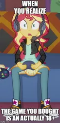 Size: 353x718 | Tagged: safe, derpibooru import, edit, edited screencap, screencap, sunset shimmer, equestria girls, equestria girls series, game stream, spoiler:eqg series (season 2), clothes, controller, converse, cropped, headphones, headset, shoes, sneakers, sunset gamer, whoops