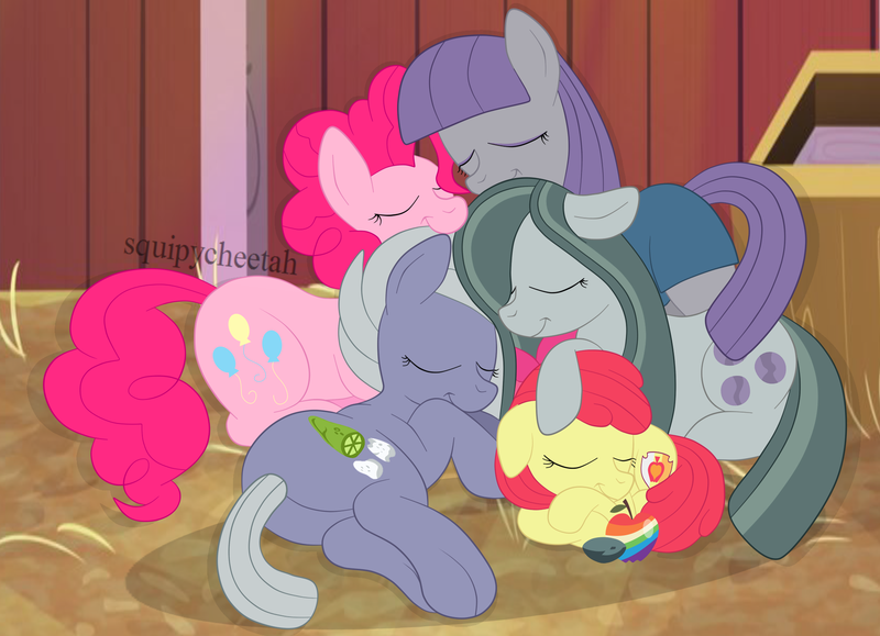 Size: 1936x1400 | Tagged: safe, artist:squipycheetah, derpibooru import, apple bloom, boulder (pet), limestone pie, marble pie, maud pie, pinkie pie, earth pony, pony, adorabloom, alternate cutie mark, apple, barn, butt, clothes, cuddle puddle, cuddling, cute, cutie mark, diapinkes, dress, eyes closed, family, female, filly, floppy ears, food, hug, limabetes, lying down, marblebetes, mare, maudabetes, pet, pie pile, pie sisters, pie twins, plot, pony pile, redraw, rock, siblings, sisters, sleeping, smiling, tail hug, the cmc's cutie marks, twins, watermark, when she smiles, zap apple