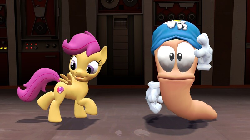 Size: 1920x1080 | Tagged: 3d, artist:tbwinger92, baseball cap, cap, crossover, cutie mark, derpibooru import, gmod, hat, safe, scootaloo, the cmc's cutie marks, worm, worms, worms (video game)