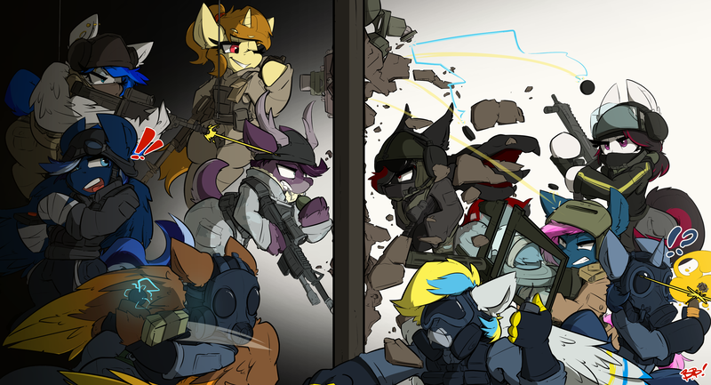 Size: 3000x1625 | Tagged: acog, artist:bbsartboutique, assault rifle, bandage, clothes, collage, combat, deer, derpibooru import, gas mask, grenade, group, gun, helmet, hippogriff, machine gun, mask, oc, oc:auron, oc:b.b., oc:blueberry "jank" sprinkles, oc:cirrus sky, oc:electra sparks, oc:katya ironstead, oc:phoenix genevieve, oc:rassy, oc:sapphire sights, oc:whispering wind, operator, ponytail, rainbow six, rainbow six siege, remote control, rifle, safe, shooting, sniper, throwing, turret, unofficial characters only, weapon