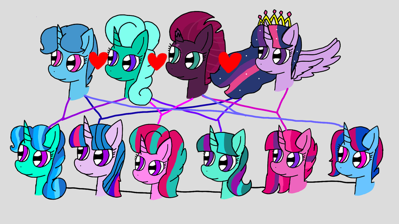 Size: 1920x1080 | Tagged: safe, artist:徐詩珮, derpibooru import, fizzlepop berrytwist, glitter drops, spring rain, tempest shadow, twilight sparkle, twilight sparkle (alicorn), alicorn, pony, unicorn, female, glitterlight, glittershadow, lesbian, magical lesbian spawn, next generation, offspring, parent:glitter drops, parent:spring rain, parent:tempest shadow, parent:twilight sparkle, parents:glitterlight, parents:glittershadow, parents:springdrops, parents:springlight, parents:springshadow, parents:tempestlight, polyamory, shipping, sprglitemplight, springdrops, springlight, springshadow, tempestlight