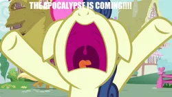 Size: 1280x720 | Tagged: safe, derpibooru import, edit, edited screencap, screencap, bon bon, sweetie drops, earth pony, pony, hearts and hooves day (episode), caption, female, fence, image macro, implied apocalypse, ponyville, text, uvula