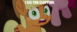 Size: 1920x804 | Tagged: suggestive, derpibooru import, edit, edited screencap, screencap, applejack, pinkie pie, earth pony, pony, my little pony: the movie, applejack's hat, caption, cowboy hat, female, hat, image macro, impact font, implied clopping, implied masturbation, mare, shocked, text