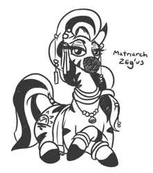 Size: 473x536 | Tagged: artist:jargon scott, black and white, crossed hooves, derpibooru import, female, grayscale, looking at you, monochrome, oc, oc:matriarch zeg'us, pootgate, prone, safe, simple background, solo, unofficial characters only, white background, zebra, zebra oc