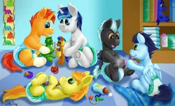 Size: 4557x2769 | Tagged: safe, artist:wittleskaj, derpibooru import, braeburn, shining armor, soarin', sunburst, thunderlane, earth pony, pegasus, pony, unicorn, baby, baby pony, blanket, book, bottle, colt, cute, daycare, diaper, foal, foal powder, male, milk bottle, nursery, pacifier, playing, plushie, rattle, shelf