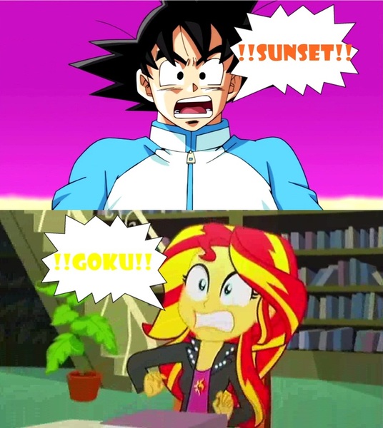 Size: 962x1076 | Tagged: safe, derpibooru import, edit, edited screencap, screencap, sunset shimmer, epic fails (equestria girls), eqg summertime shorts, equestria girls, crossover, dragon ball super, female, goku, male