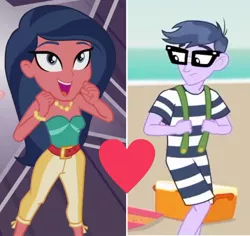 Size: 1221x1151 | Tagged: safe, derpibooru import, screencap, desert sage, microchips, equestria girls, equestria girls series, lost and found, spring breakdown, spoiler:eqg series (season 2), background human, bare shoulders, beach, bracelet, bustier, clothes, crack shipping, cropped, female, glasses, heart, jewelry, male, microsage, necklace, open mouth, shipping, shipping domino, sleeveless, straight, strapless, suspenders, swimsuit, tube top