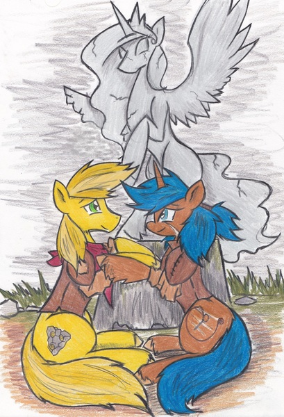 Size: 2369x3473 | Tagged: safe, artist:zubias, derpibooru import, princess celestia, oc, oc:fool's gold, oc:tripwire, pony, unicorn, fallout equestria, fallout equestria: trailblazers, fanfic art, female, male, mare, stallion, statue, traditional art