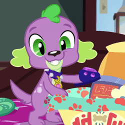 Size: 800x800 | Tagged: safe, derpibooru import, screencap, spike, spike the regular dog, dog, equestria girls, equestria girls series, reboxing with spike!, spoiler:eqg series (season 2), animated, clothes, cropped, cute, fabulous fido's faberge flying disk, gif, looking at you, paws, slippers, smiling, spikabetes, spike's dog collar, tail, tail wag