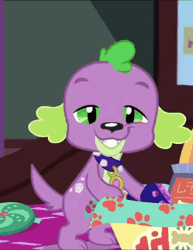 Size: 347x450 | Tagged: safe, derpibooru import, screencap, spike, spike the regular dog, dog, equestria girls, equestria girls series, reboxing with spike!, spoiler:eqg series (season 2), animated, clothes, collar, cute, fabulous fido's faberge flying disk, gif, male, paws, slippers, smiling, spikabetes, tail, tail wag