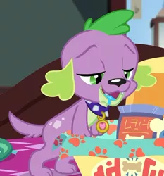 Size: 586x630 | Tagged: safe, derpibooru import, screencap, spike, spike the regular dog, dog, equestria girls, equestria girls series, reboxing with spike!, spoiler:eqg series (season 2), box, collar, cropped, drool, drool string, fabulous fido's faberge flying disk, looking down, male, paws, tail