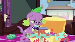 Size: 1920x1080 | Tagged: safe, derpibooru import, screencap, spike, spike the regular dog, dog, equestria girls, equestria girls series, reboxing with spike!, spoiler:eqg series (season 2), box, collar, drool, drool string, fabulous fido's faberge flying disk, looking down, male, paws, spike's dog collar, tail