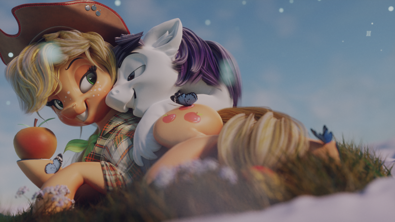 Size: 1280x720 | Tagged: safe, artist:v747, derpibooru import, applejack, oc, oc:constance everheart, butterfly, earth pony, pony, 3d, apple, applejack's hat, bedroom eyes, canon x oc, clothes, cowboy hat, cuddling, cutie mark, everjack, female, food, hat, lidded eyes, male, mare, plaid, shipping, shirt, side, smiling, snow, straight