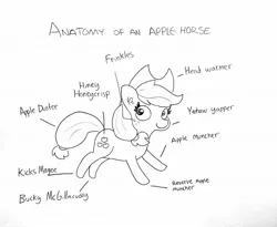 Size: 1755x1440 | Tagged: safe, artist:tjpones, derpibooru import, applejack, earth pony, pony, anatomy, anatomy guide, applejack's hat, black and white, bucky mcgillicutty, cowboy hat, cute, ear fluff, female, freckles, grayscale, hat, jackabetes, kicks mcgee, lineart, mare, monochrome, simple background, solo, text, traditional art, white background, yeehaw