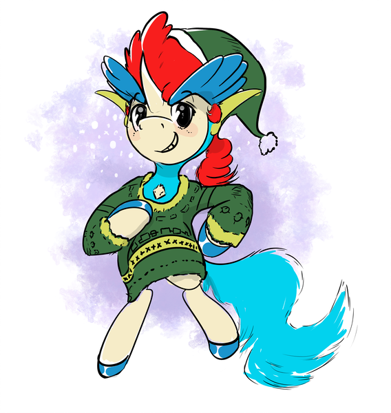 Size: 2382x2517 | Tagged: safe, artist:f1r3w0rks, derpibooru import, ponified, keldeo, pony, christmas, christmas sweater, clothes, colored hooves, elf ears, holiday, pokémon, solo, sweater