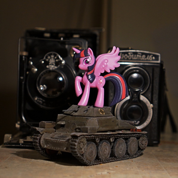 Size: 1080x1080 | Tagged: safe, derpibooru import, twilight sparkle, twilight sparkle (alicorn), alicorn, pony, camera, figurine, scale model, solo, tank (vehicle), toy