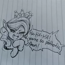 Size: 1080x1080 | Tagged: safe, artist:sharpi, derpibooru import, diamond tiara, pony, condescending, cute, cute little fangs, fangs, implied anon, lined paper, noblewoman's laugh, sketch, solo, traditional art