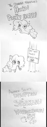 Size: 585x1592 | Tagged: safe, artist:tjpones, derpibooru import, edit, pinkie pie, twilight sparkle, twilight sparkle (alicorn), alicorn, pony, sparkles! the wonder horse!, alternate ending, angry, bad end, black and white, censorship, comic, crossover, cute, fwee, grayscale, hat, honko! the party horse!, laws, madorable, monochrome, party hat, party horn, twibitch sparkle